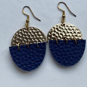 2 pair leather & brass earrings. 1 - blue leather, 2 - gold leather